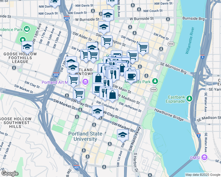 map of restaurants, bars, coffee shops, grocery stores, and more near 501 Southwest Main Street in Portland