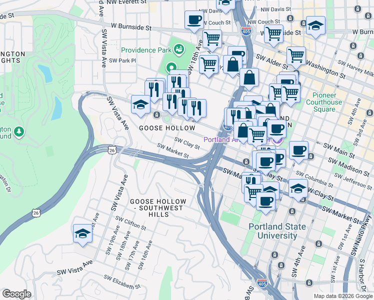 map of restaurants, bars, coffee shops, grocery stores, and more near 1541 Southwest Market Street in Portland