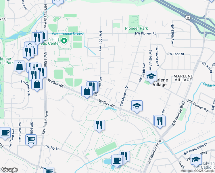 map of restaurants, bars, coffee shops, grocery stores, and more near 14960 Southwest Conor Circle in Beaverton