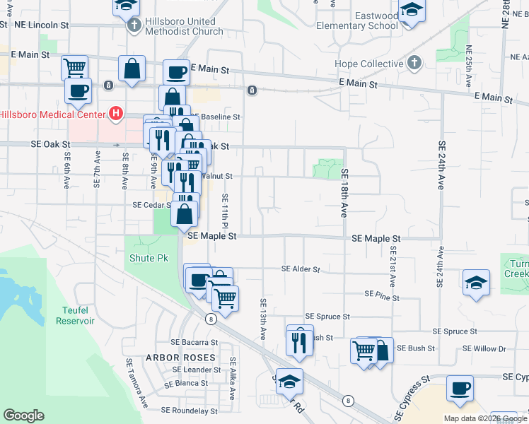 map of restaurants, bars, coffee shops, grocery stores, and more near 1338 Southeast Cedar Street in Hillsboro