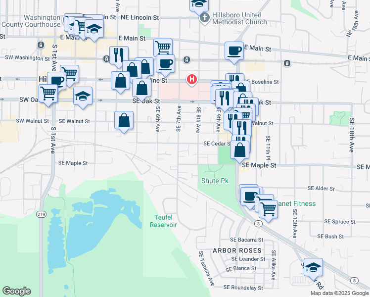 map of restaurants, bars, coffee shops, grocery stores, and more near 716 Southeast Cedar Street in Hillsboro