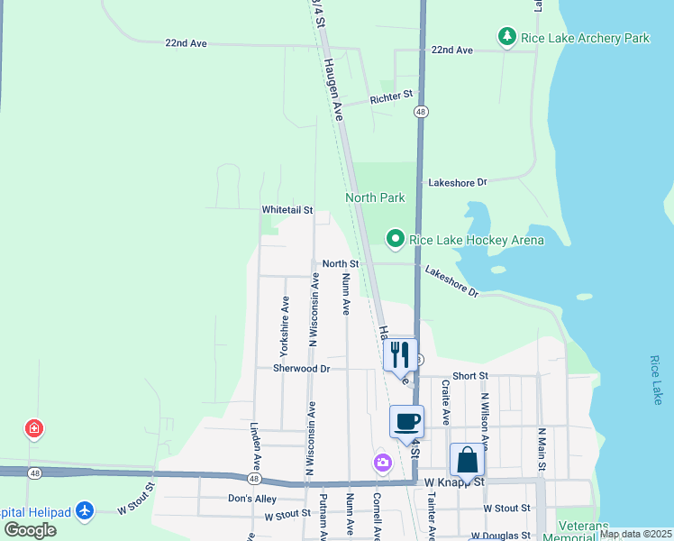 map of restaurants, bars, coffee shops, grocery stores, and more near 500 North Street in Rice Lake