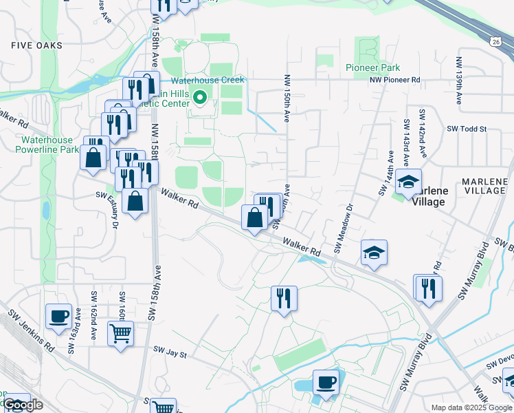 map of restaurants, bars, coffee shops, grocery stores, and more near 15203 Southwest Walker Road in Beaverton
