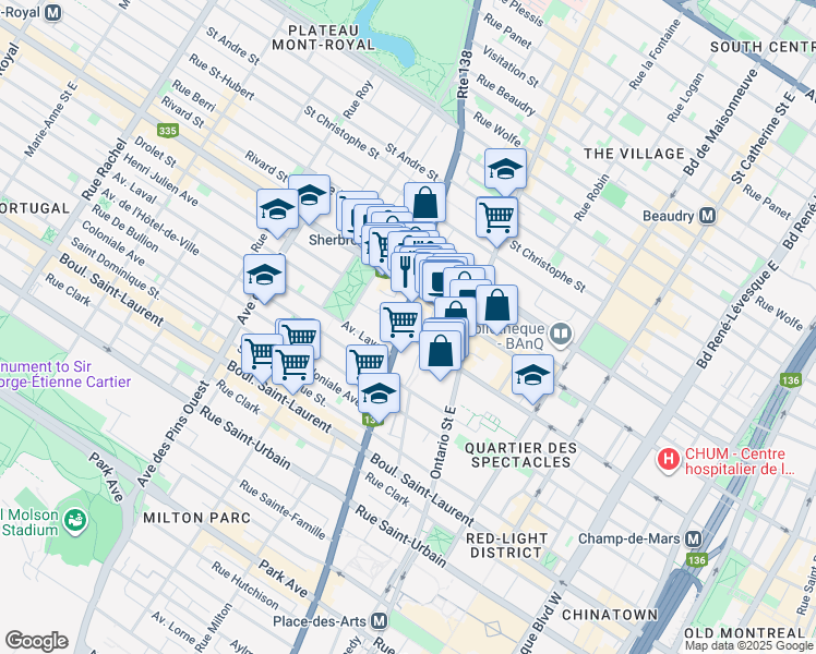 map of restaurants, bars, coffee shops, grocery stores, and more near 300 Rue Sherbrooke Est in Montréal