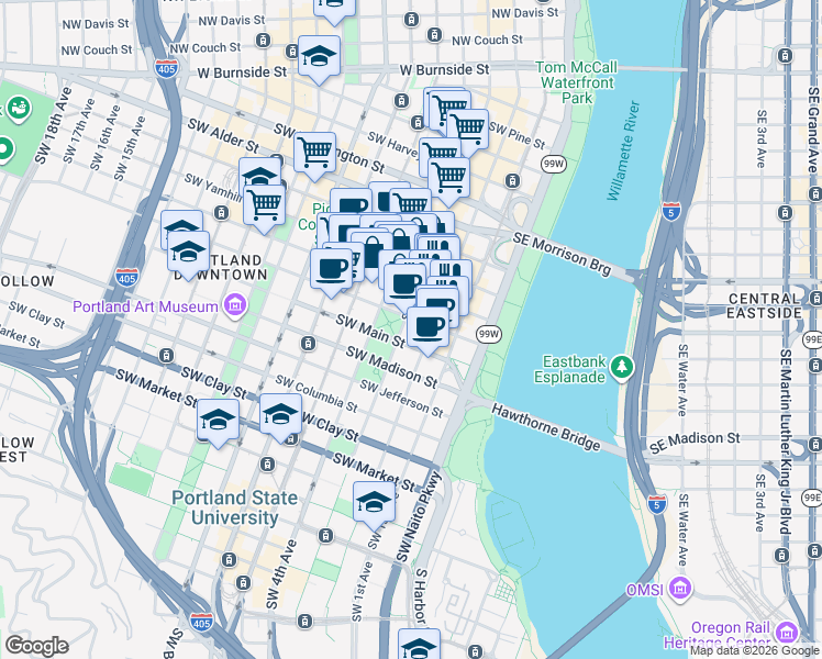 map of restaurants, bars, coffee shops, grocery stores, and more near 1000 Southwest 3rd Avenue in Portland