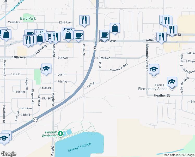 map of restaurants, bars, coffee shops, grocery stores, and more near 1710 Fir Road in Forest Grove
