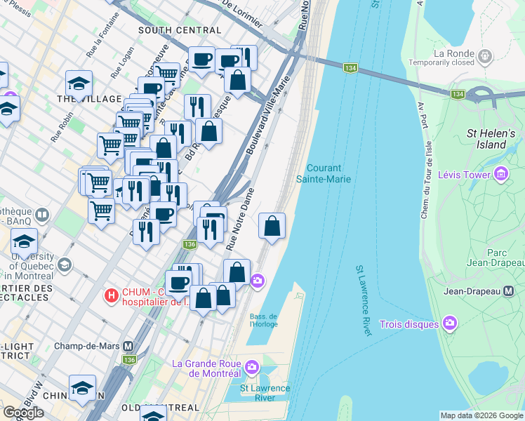 map of restaurants, bars, coffee shops, grocery stores, and more near in Montreal