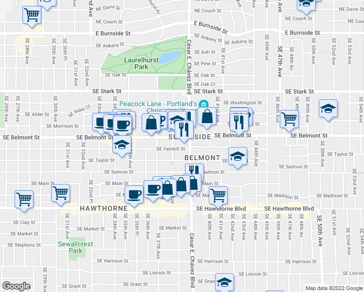 map of restaurants, bars, coffee shops, grocery stores, and more near 3835 Southeast Yamhill Street in Portland