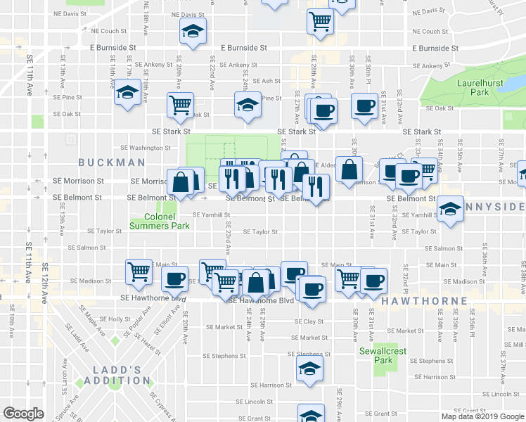 map of restaurants, bars, coffee shops, grocery stores, and more near 2451 Southeast Yamhill Street in Portland