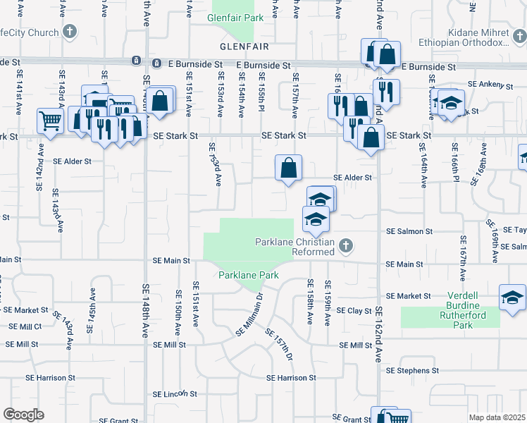 map of restaurants, bars, coffee shops, grocery stores, and more near 15540 Southeast Yamhill Street in Portland