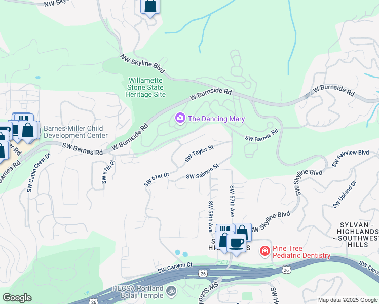 map of restaurants, bars, coffee shops, grocery stores, and more near 6025 Southwest Taylor Street in Portland