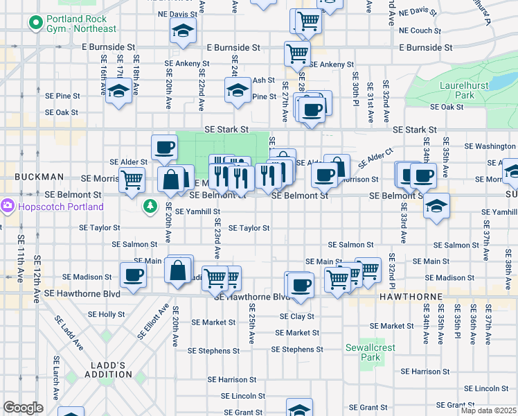 map of restaurants, bars, coffee shops, grocery stores, and more near 2503 Southeast Yamhill Street in Portland