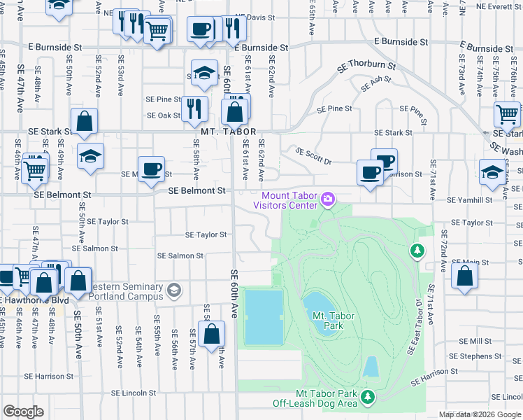 map of restaurants, bars, coffee shops, grocery stores, and more near 6191 Southeast Yamhill Street in Portland