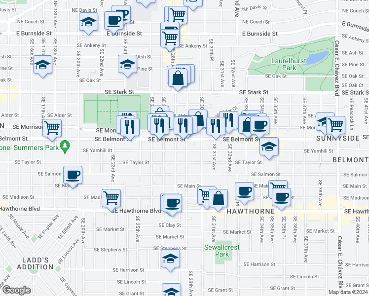 map of restaurants, bars, coffee shops, grocery stores, and more near 2835 Southeast Yamhill Street in Portland