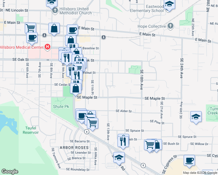 map of restaurants, bars, coffee shops, grocery stores, and more near 1338 Southeast Cedar Street in Hillsboro