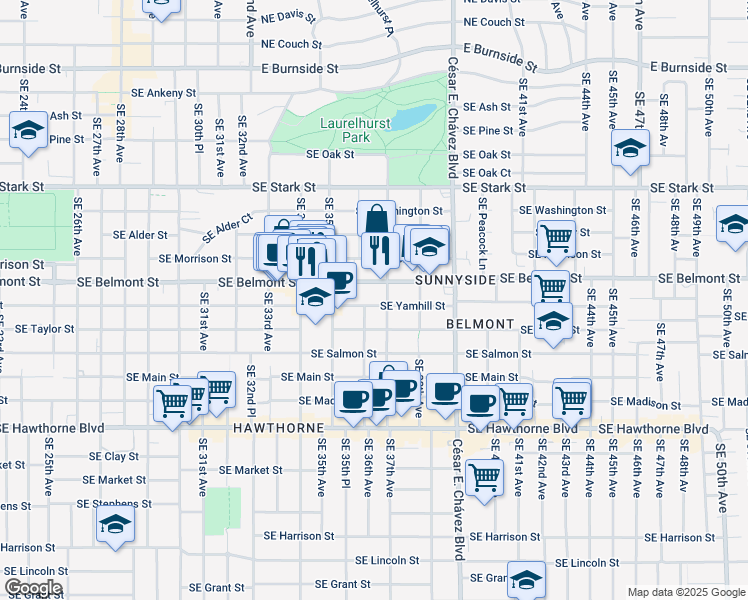 map of restaurants, bars, coffee shops, grocery stores, and more near 3631 Southeast Yamhill Street in Portland