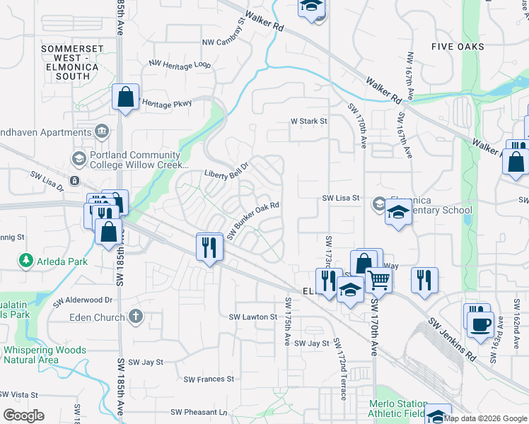 map of restaurants, bars, coffee shops, grocery stores, and more near 17660 Southwest Bunker Oak Road in Beaverton