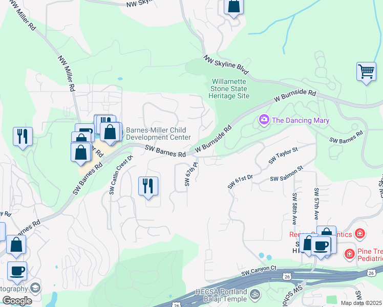 map of restaurants, bars, coffee shops, grocery stores, and more near 13354 West Burnside Road in Portland
