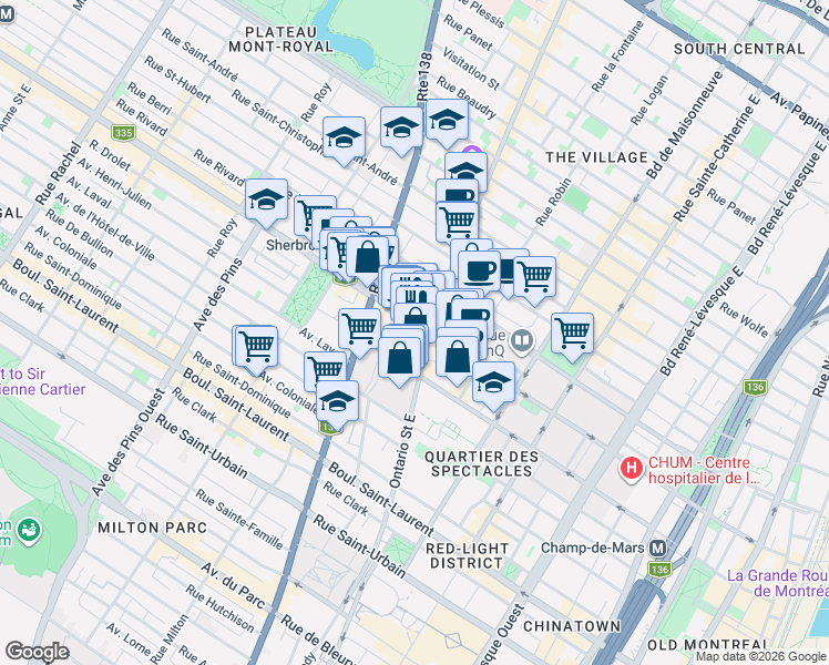 map of restaurants, bars, coffee shops, grocery stores, and more near 2024 Rue Saint-Denis in Montréal