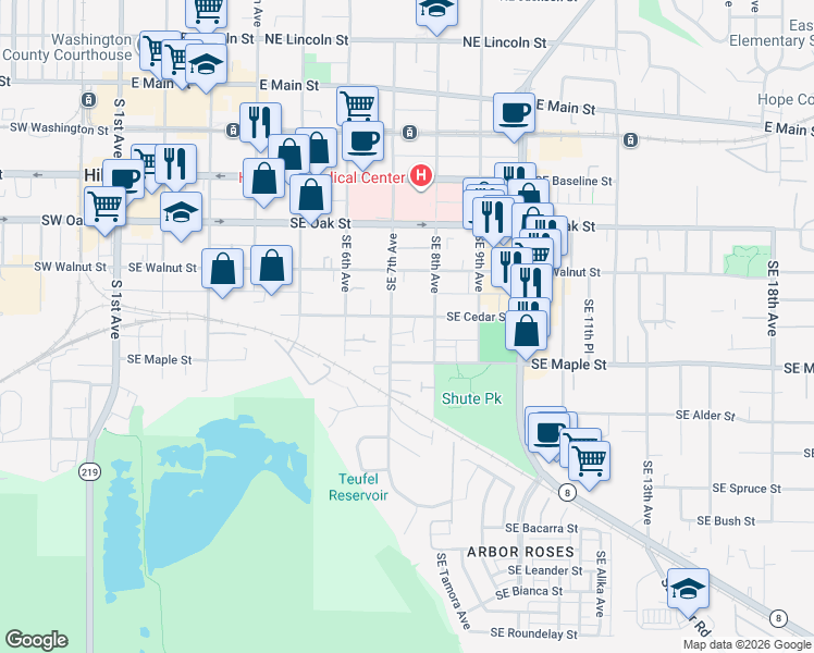 map of restaurants, bars, coffee shops, grocery stores, and more near 716 Southeast Cedar Street in Hillsboro