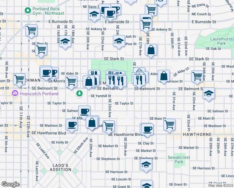 map of restaurants, bars, coffee shops, grocery stores, and more near 2343 Southeast Yamhill Street in Portland