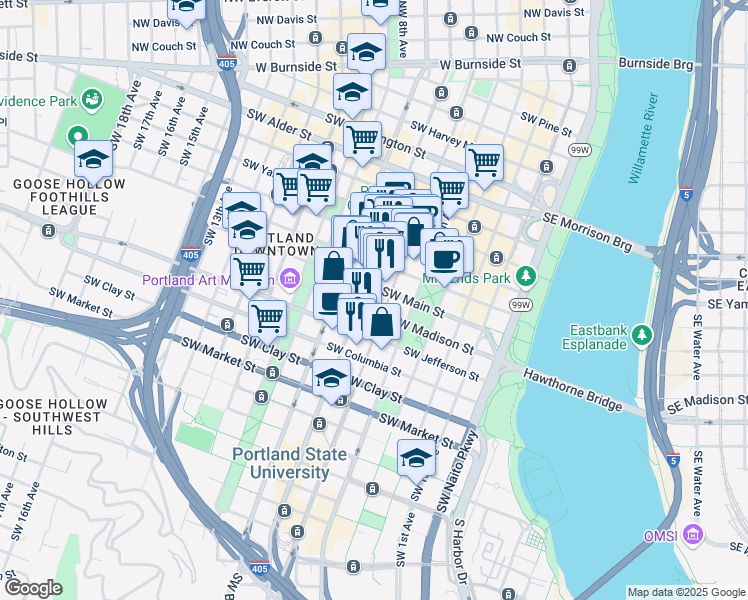 map of restaurants, bars, coffee shops, grocery stores, and more near 1100 Southwest 6th Avenue in Portland