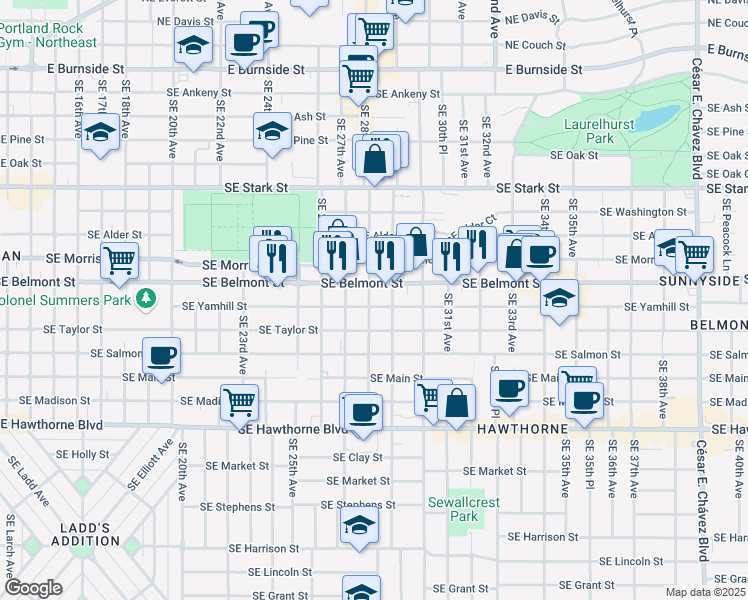 map of restaurants, bars, coffee shops, grocery stores, and more near 2805 Southeast Yamhill Street in Portland