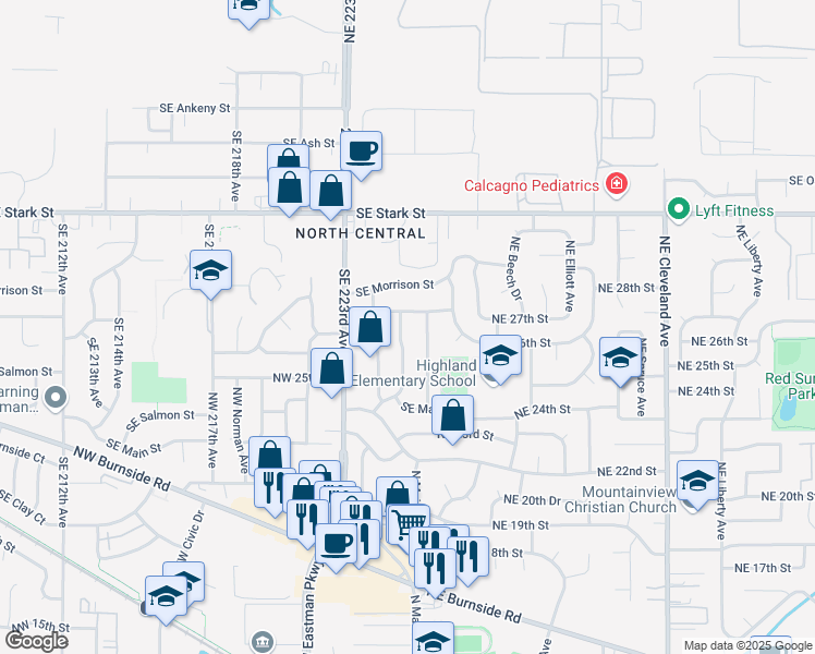 map of restaurants, bars, coffee shops, grocery stores, and more near 916 Southeast 225th Avenue in Gresham