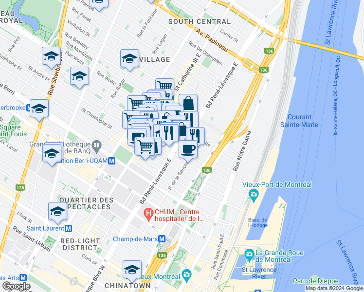 map of restaurants, bars, coffee shops, grocery stores, and more near 1000 Boulevard René-Lévesque Est in Montréal