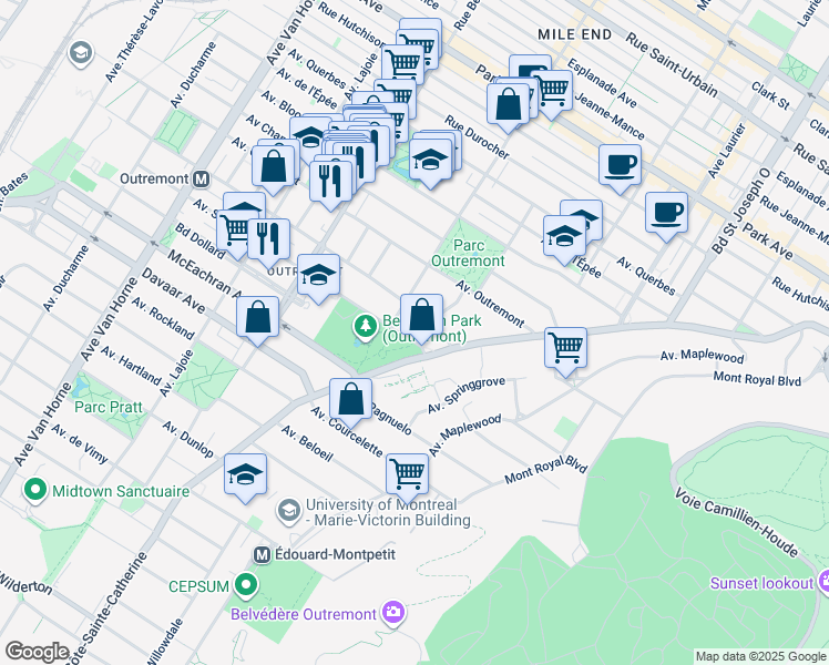 map of restaurants, bars, coffee shops, grocery stores, and more near 323 Avenue Stuart in Montréal