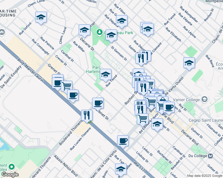 map of restaurants, bars, coffee shops, grocery stores, and more near 1385 Rue Beaulieu in Montréal
