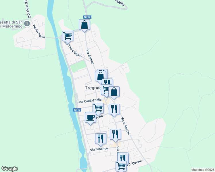 map of restaurants, bars, coffee shops, grocery stores, and more near 6 Via Roma in Tregnago