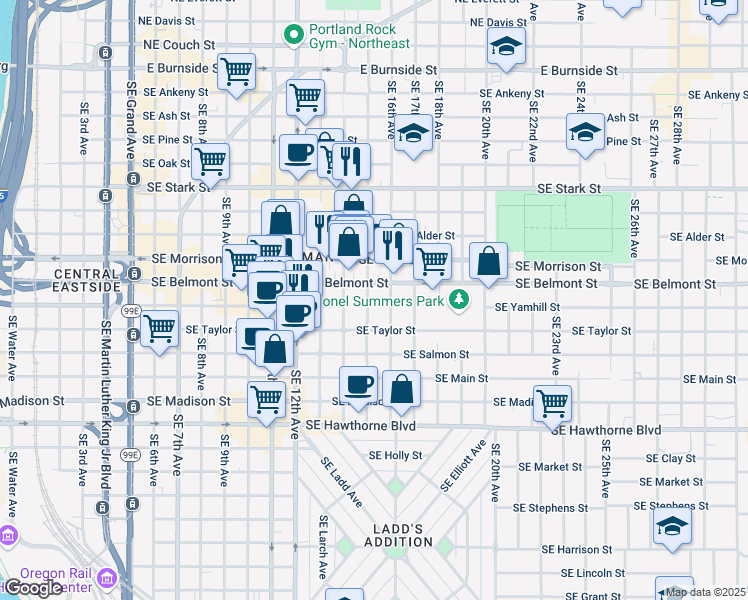 map of restaurants, bars, coffee shops, grocery stores, and more near 934 Southeast 15th Avenue in Portland
