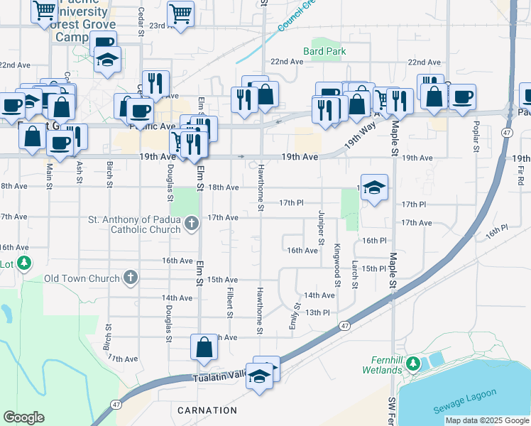 map of restaurants, bars, coffee shops, grocery stores, and more near 1703 Hawthorne Street in Forest Grove