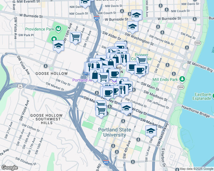 map of restaurants, bars, coffee shops, grocery stores, and more near 1030 Southwest Jefferson Street in Portland