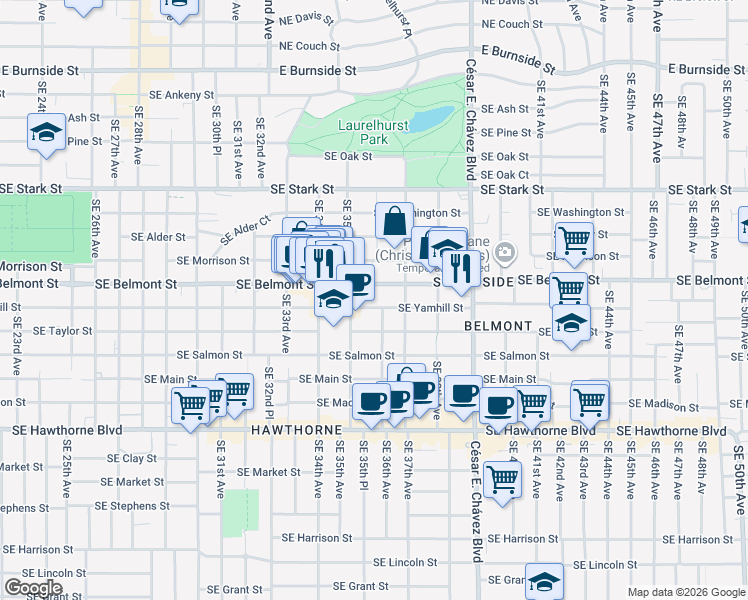 map of restaurants, bars, coffee shops, grocery stores, and more near 3547 Southeast Yamhill Street in Portland