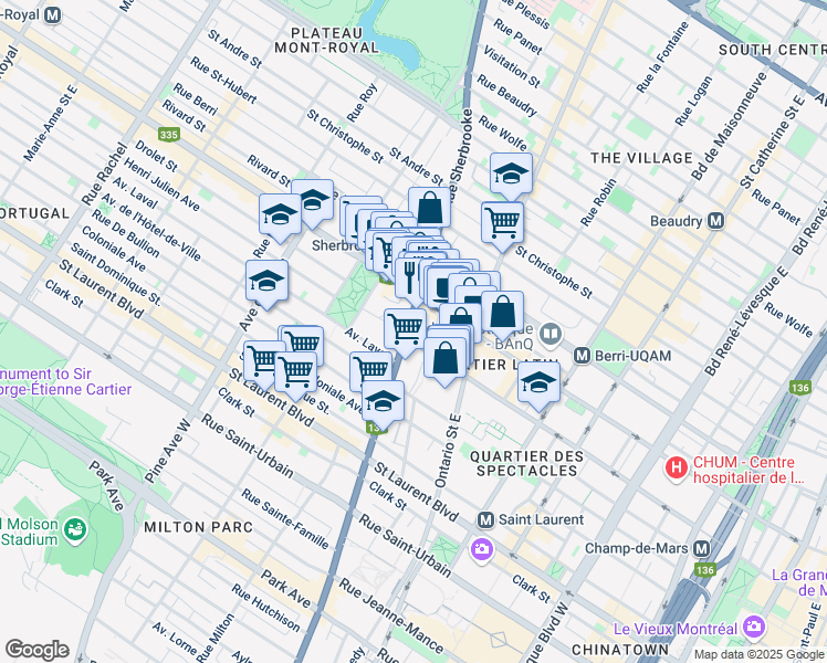 map of restaurants, bars, coffee shops, grocery stores, and more near 312 Rue Sherbrooke Est in Montréal