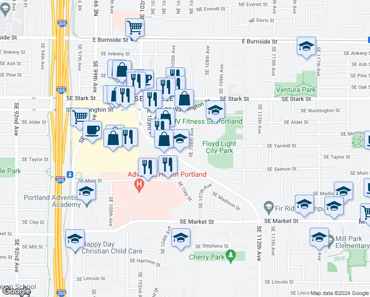 map of restaurants, bars, coffee shops, grocery stores, and more near 849-1031 Southeast 106th Avenue in Portland