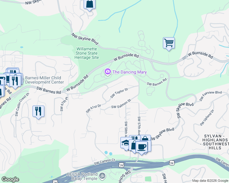 map of restaurants, bars, coffee shops, grocery stores, and more near 6025 Southwest Taylor Street in Portland