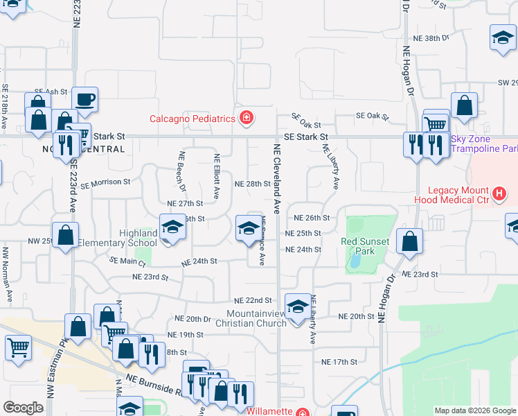 map of restaurants, bars, coffee shops, grocery stores, and more near 875 Northeast 25th Street in Gresham