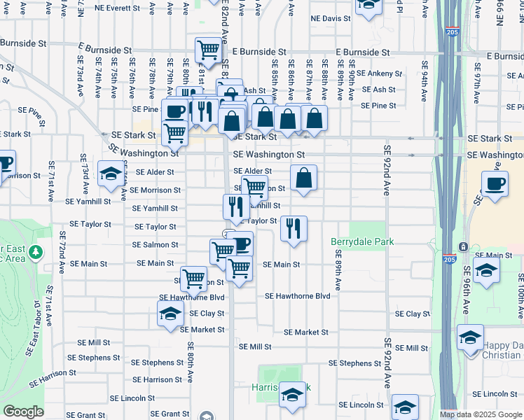 map of restaurants, bars, coffee shops, grocery stores, and more near 8404 Southeast Yamhill Street in Portland