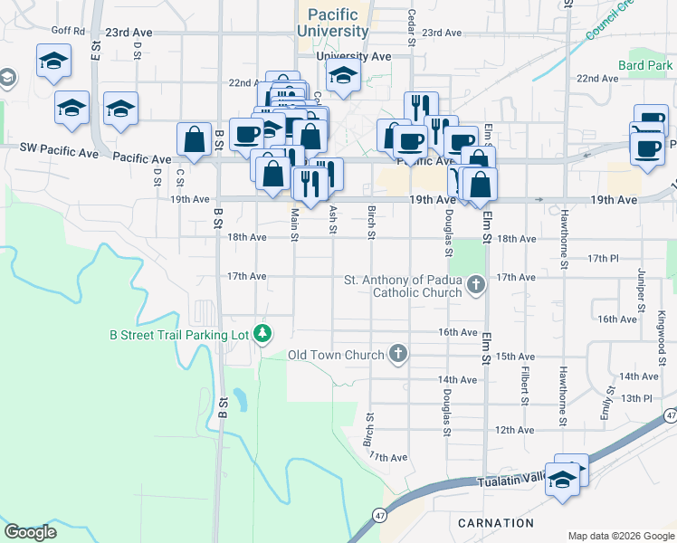 map of restaurants, bars, coffee shops, grocery stores, and more near 1701 Ash Street in Forest Grove