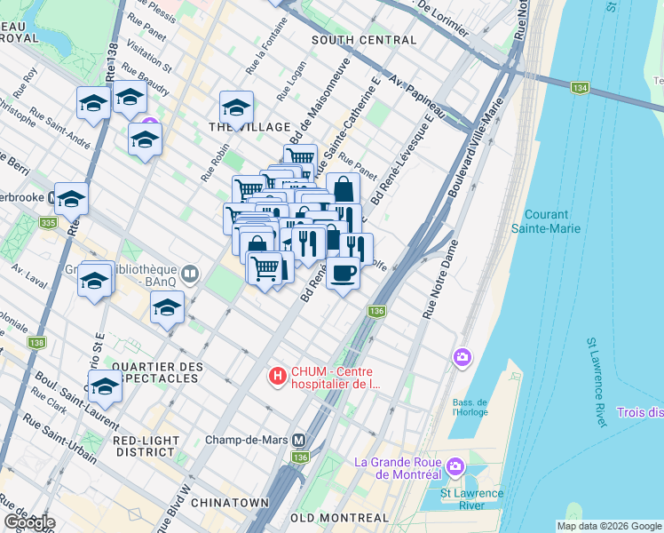 map of restaurants, bars, coffee shops, grocery stores, and more near 1000 Boulevard René-Lévesque Est in Montréal