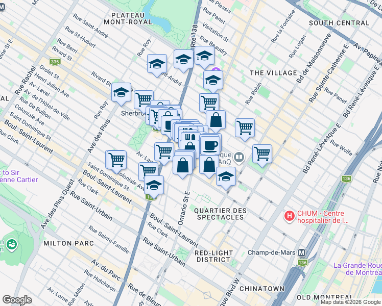 map of restaurants, bars, coffee shops, grocery stores, and more near 2020 Rue Saint-Denis in Montréal