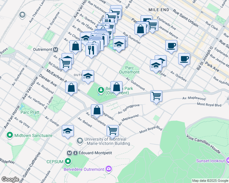 map of restaurants, bars, coffee shops, grocery stores, and more near 323 Avenue Stuart in Montréal