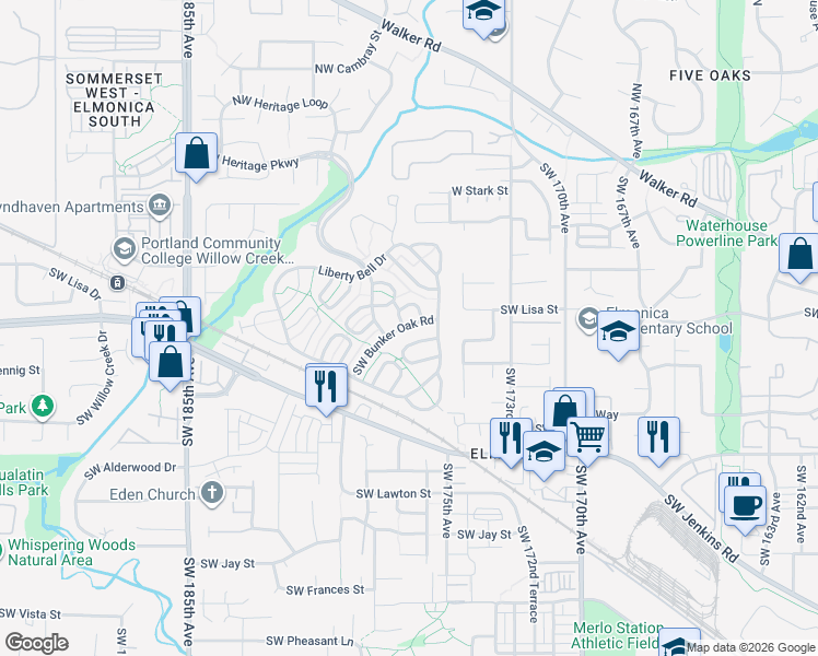 map of restaurants, bars, coffee shops, grocery stores, and more near 17656 Southwest Middlesex Way in Beaverton