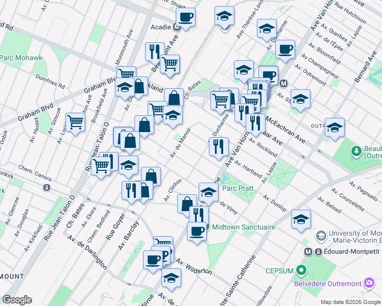 map of restaurants, bars, coffee shops, grocery stores, and more near 924 Avenue Dunlop in Montréal