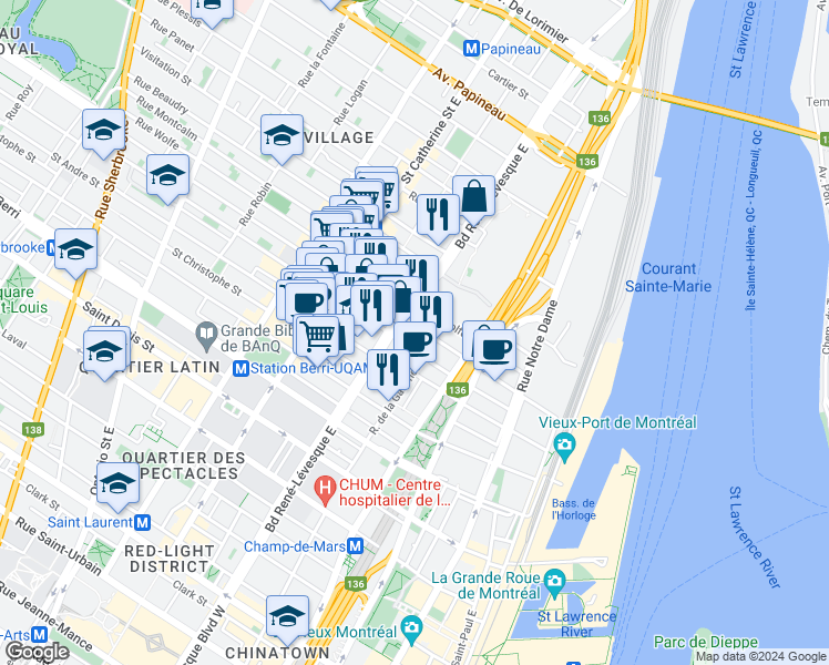 map of restaurants, bars, coffee shops, grocery stores, and more near 1100 Boulevard René-Lévesque Est in Montréal
