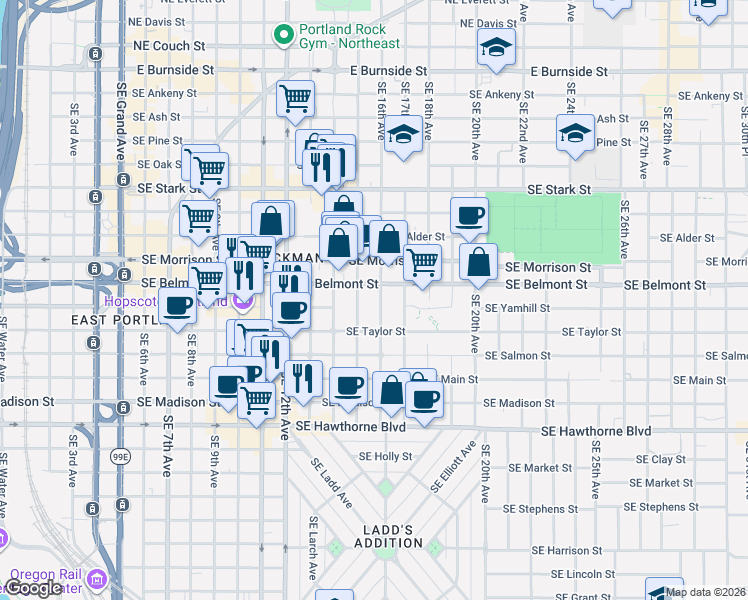 map of restaurants, bars, coffee shops, grocery stores, and more near 929 Southeast 16th Avenue in Portland