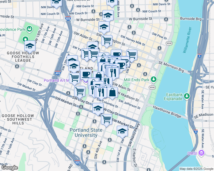 map of restaurants, bars, coffee shops, grocery stores, and more near in Portland